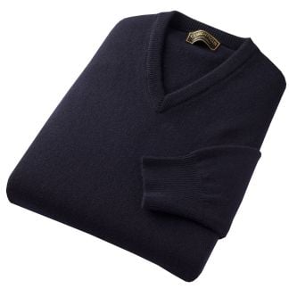 Cordings Navy Blue Lambswool V-Neck Jumper Dif ferent Angle 1
