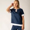 Navy and White Contrast Keyhole Linen Top