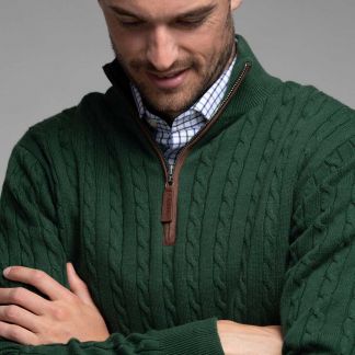 Cordings Schoffel Racing Green Cotton Cashmere Cable 1/4 Zip Jumper Different Angle 1