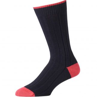 Cordings Navy and Red Cotton Heel & Toe Socks Different Angle 1