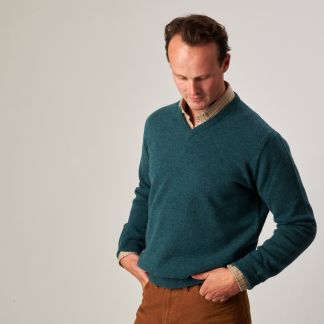 Cordings Hunter Green Lambswool V-Neck Jumper Different Angle 1