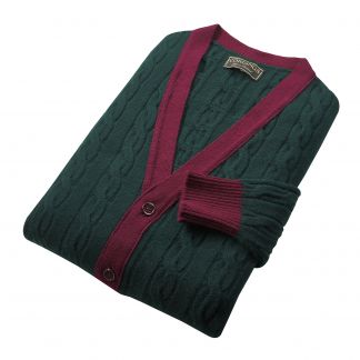 Cordings Green and Burgundy Lambswool Contrast Cardigan Different Angle 1
