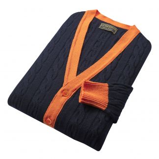 Cordings Navy and Orange Lambswool Contrast Cardigan Different Angle 1