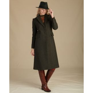 Cordings Olive Herringbone Carlisle Tweed Long Coat Main Image