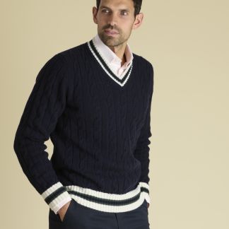 Cordings Navy Cable Wool and Cashmere V-Neck Main Image