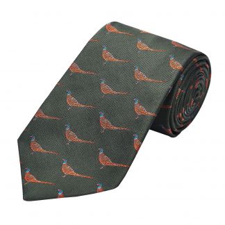 Cordings Olive Green Pheasant Woven Silk Tie  Dif ferent Angle 1