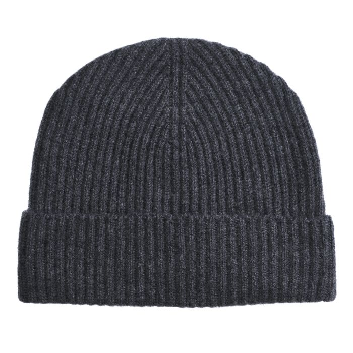 Grey Cashmere Ribbed Beanie