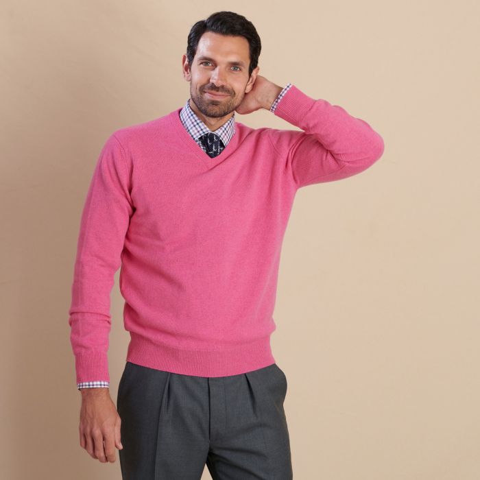 Candy Pink Lambswool V-Neck Jumper | Men's Country Clothing | Cordings