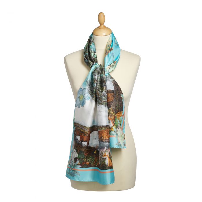 Turquoise Foxes and Hares Silk Scarf