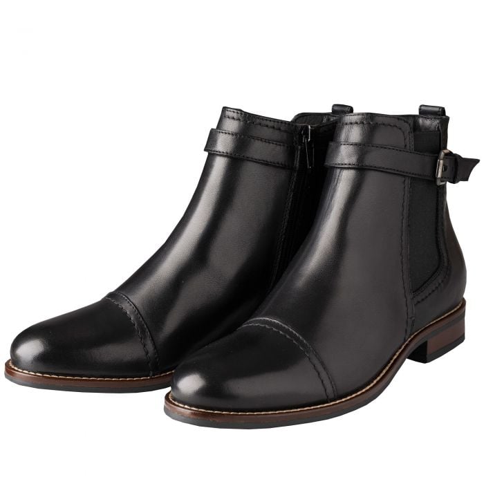 Black Leather Buckle Ankle Boot