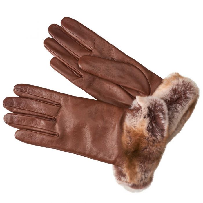 Tan Nappa Leather Gloves With Fur Cuff