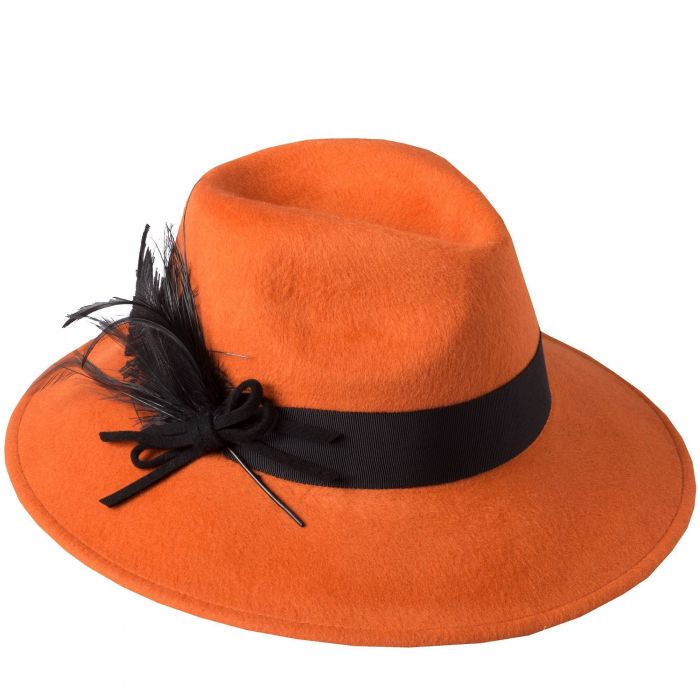 Orange Brushed Wool and Feather Trim Hat