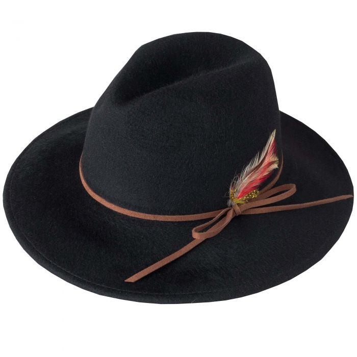 Black Brushed Wool and Feather Trim Hat
