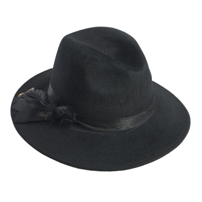 Black Tipped Feather Wool Fedora