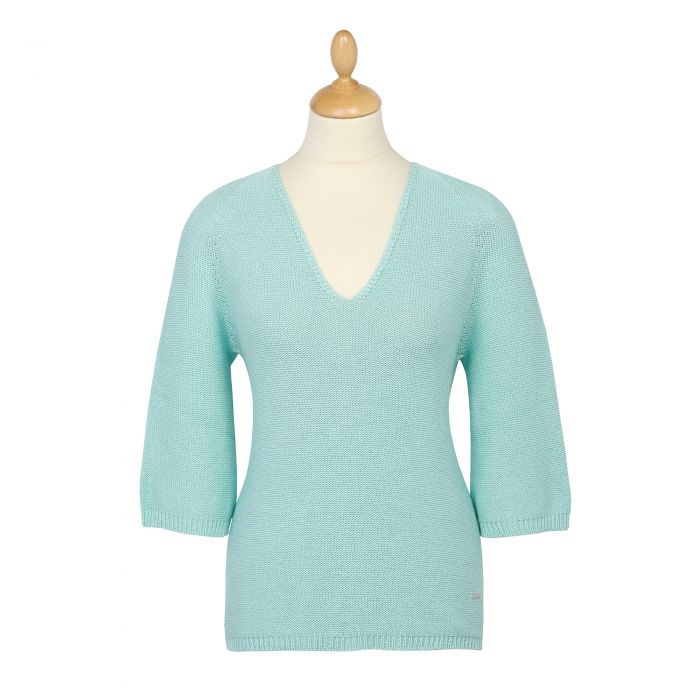 Turquoise Cotton V Neck Sweater