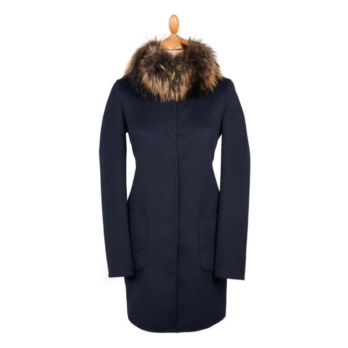 Navy Grey Reversible Cashmere & Wool Fur Collar Coat Ladies Country