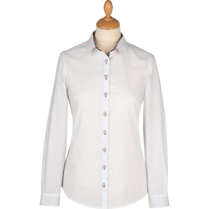White Floral Trim Cotton Shirt | Cordings