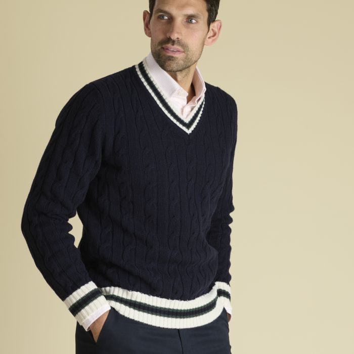 Navy Cable Wool and Cashmere V-Neck