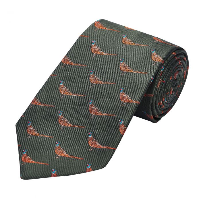 Olive Green Pheasant Woven Silk Tie 
