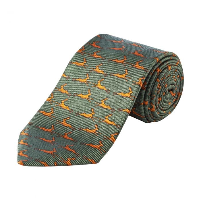 moss green tie with running hares