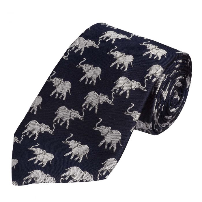 Navy White Elephant Silk Tie 