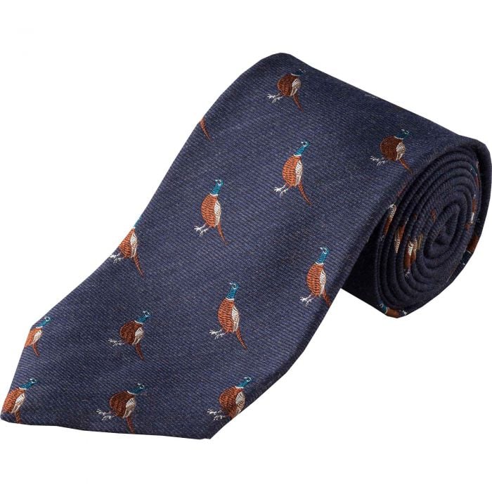 Navy Pheasant Woven Wool Silk Tie 