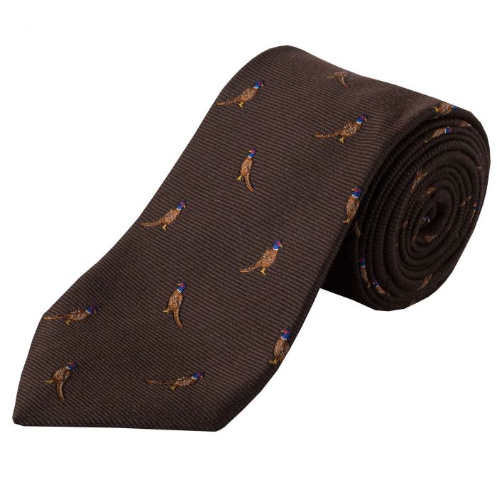 Brown Brace of Pheasants Woven Silk Tie