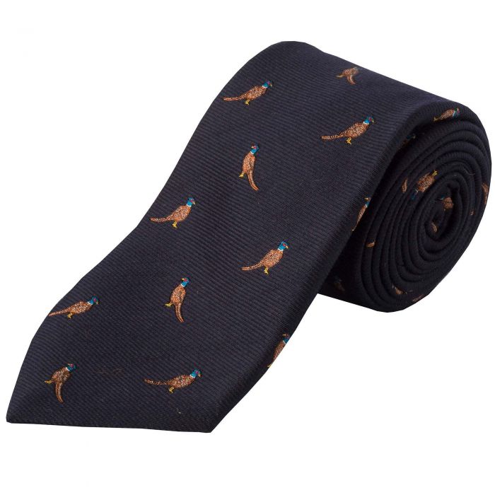 Navy Brace of Pheasants Woven Silk Tie