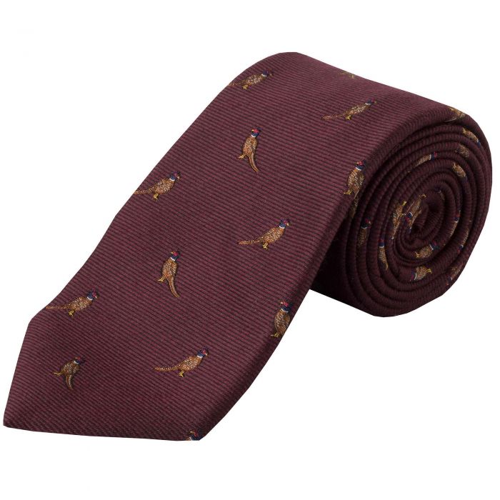 Wine Brace of Pheasants Woven Silk Tie