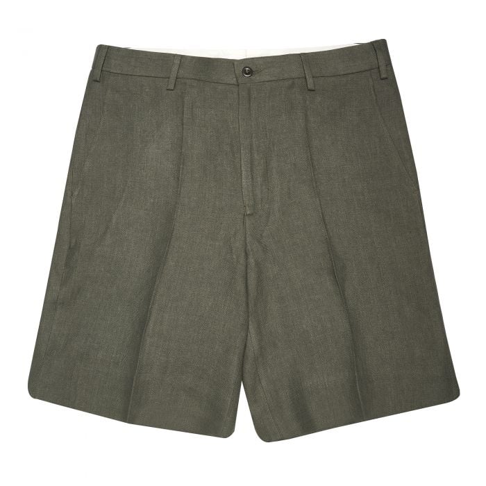 Olive Green Linen Herringbone Shorts