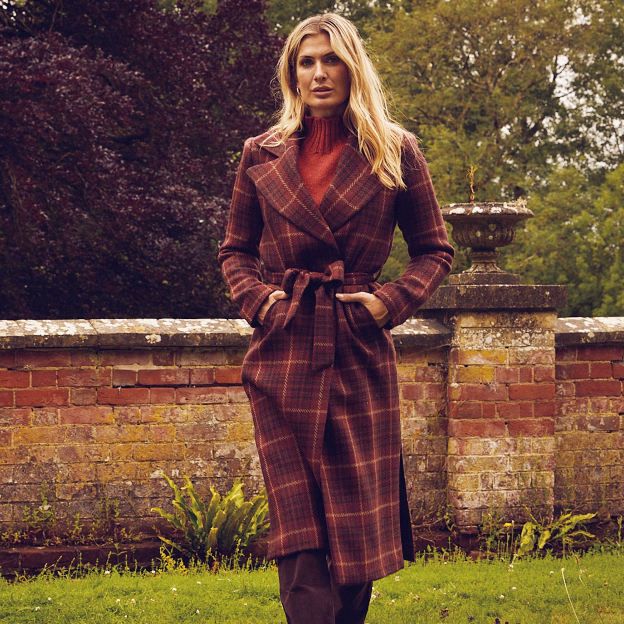 Wine Langholm Tweed Wrap Coat | Ladies Country Clothing