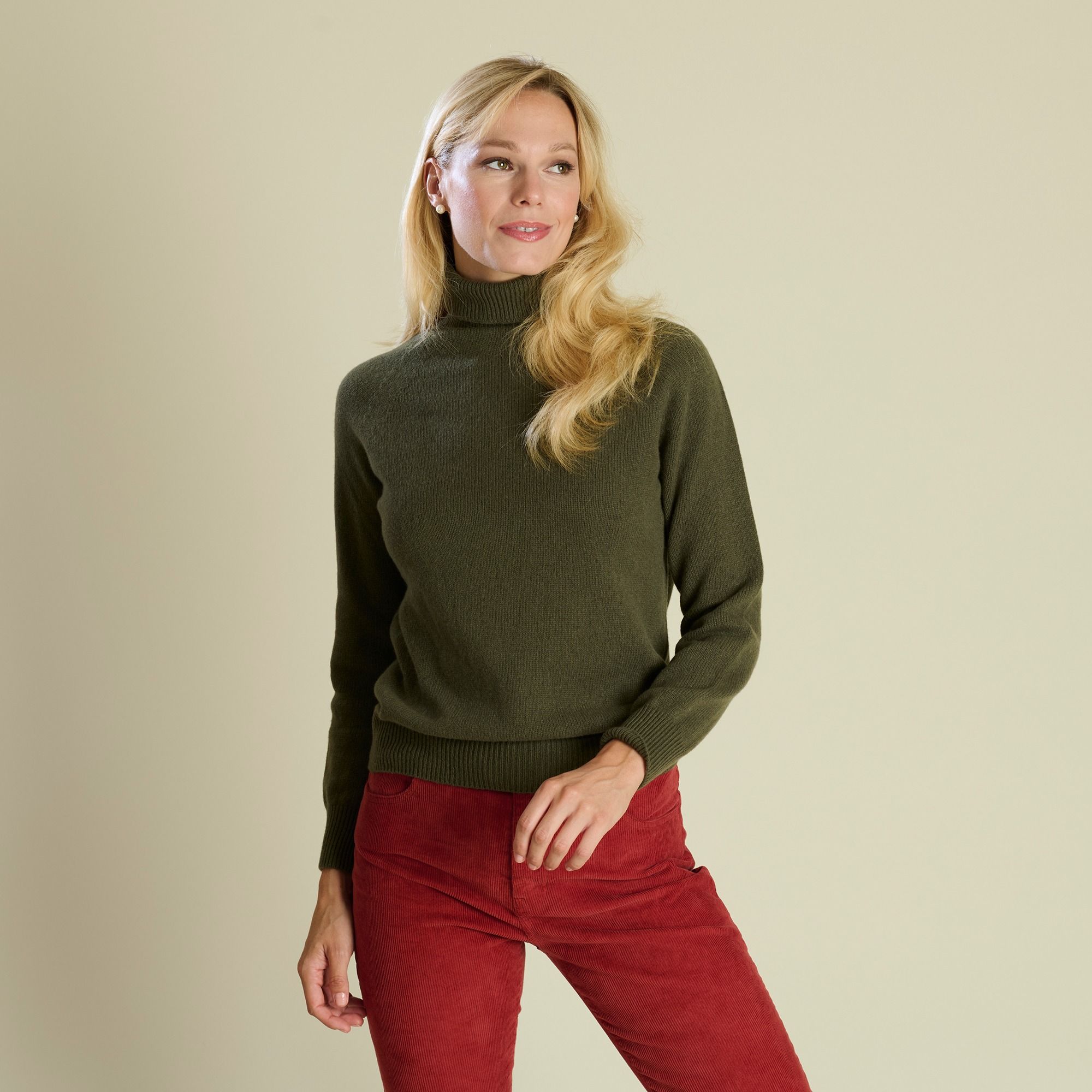 Olive Green Merino Cashmere Roll Neck
