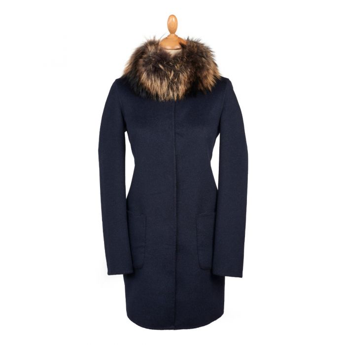 Navy Grey Reversible Cashmere & Wool Fur Collar Coat