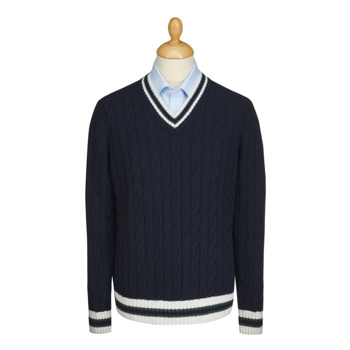Navy Cable Wool and Cashmere Cricket Jumper
