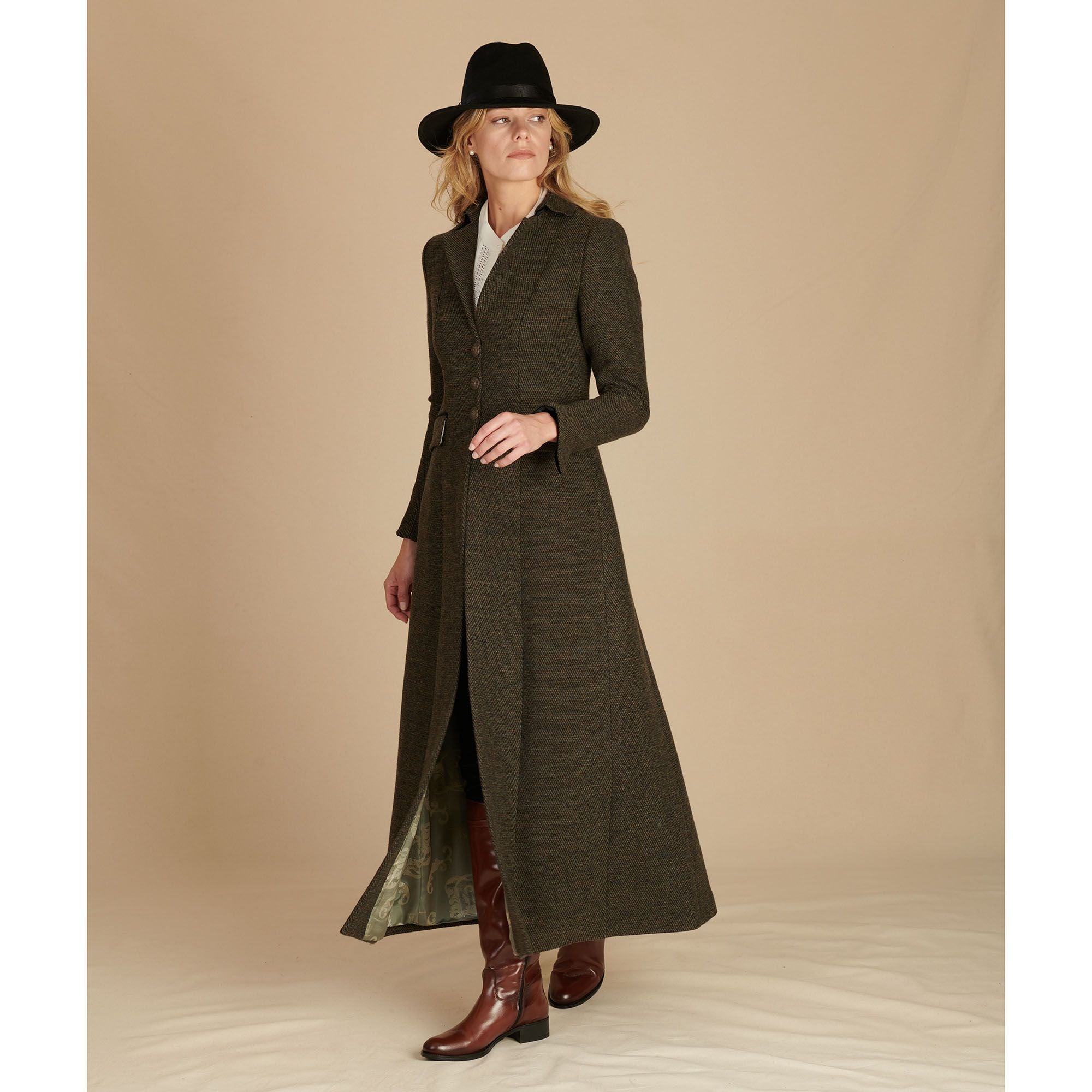 Ladies Moss Green Long Tweed With Velvet Trim Coat | Cordings US