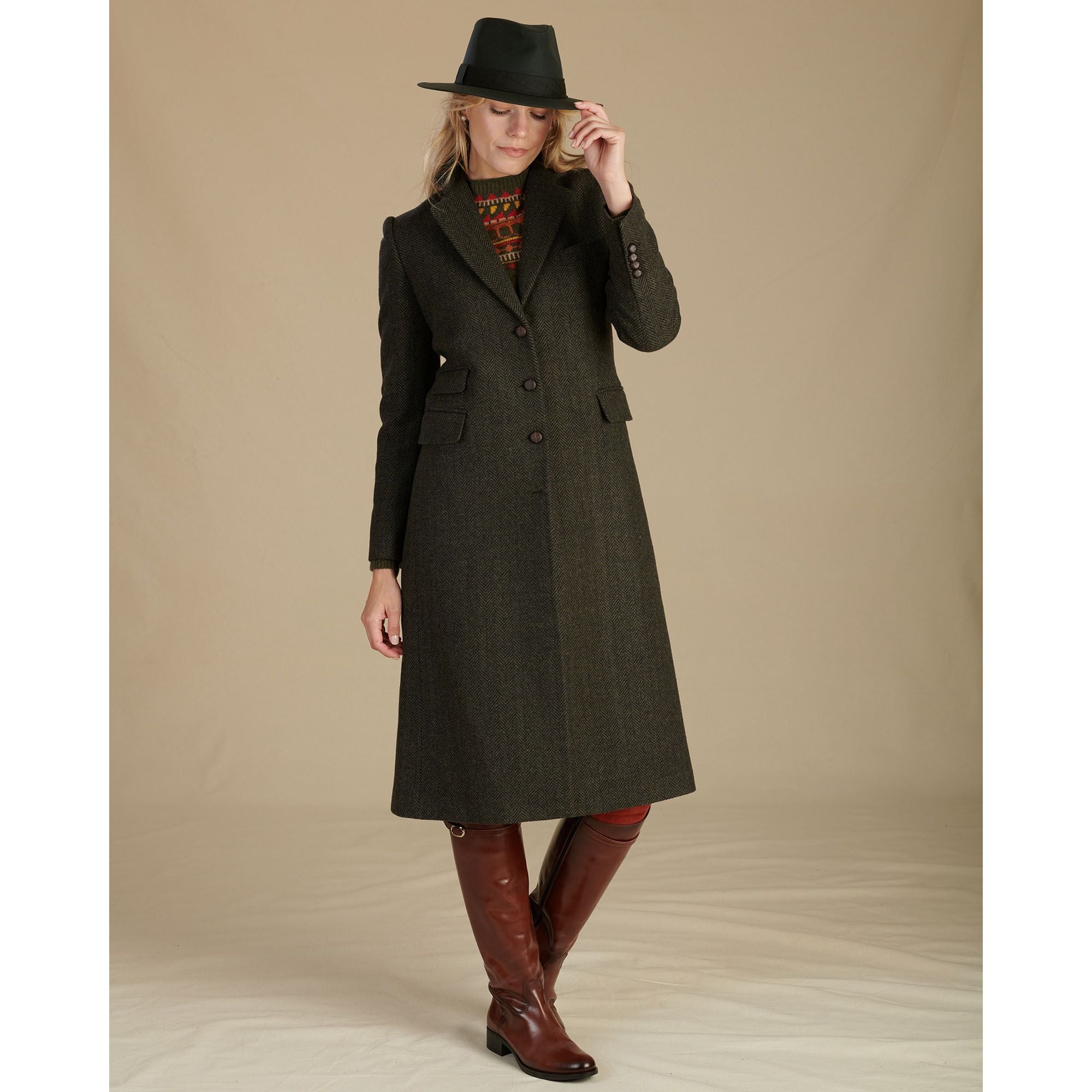 Ladies Olive Herringbone Carlisle Tweed Long Coat | Cordings US